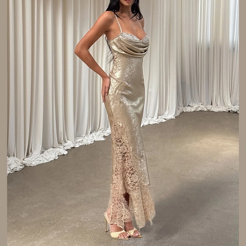 Scattered Gold Coated Metallic Cowl Neck Lace Trim Spaghetti Strap Maxi Dress - Picture 4 of 7